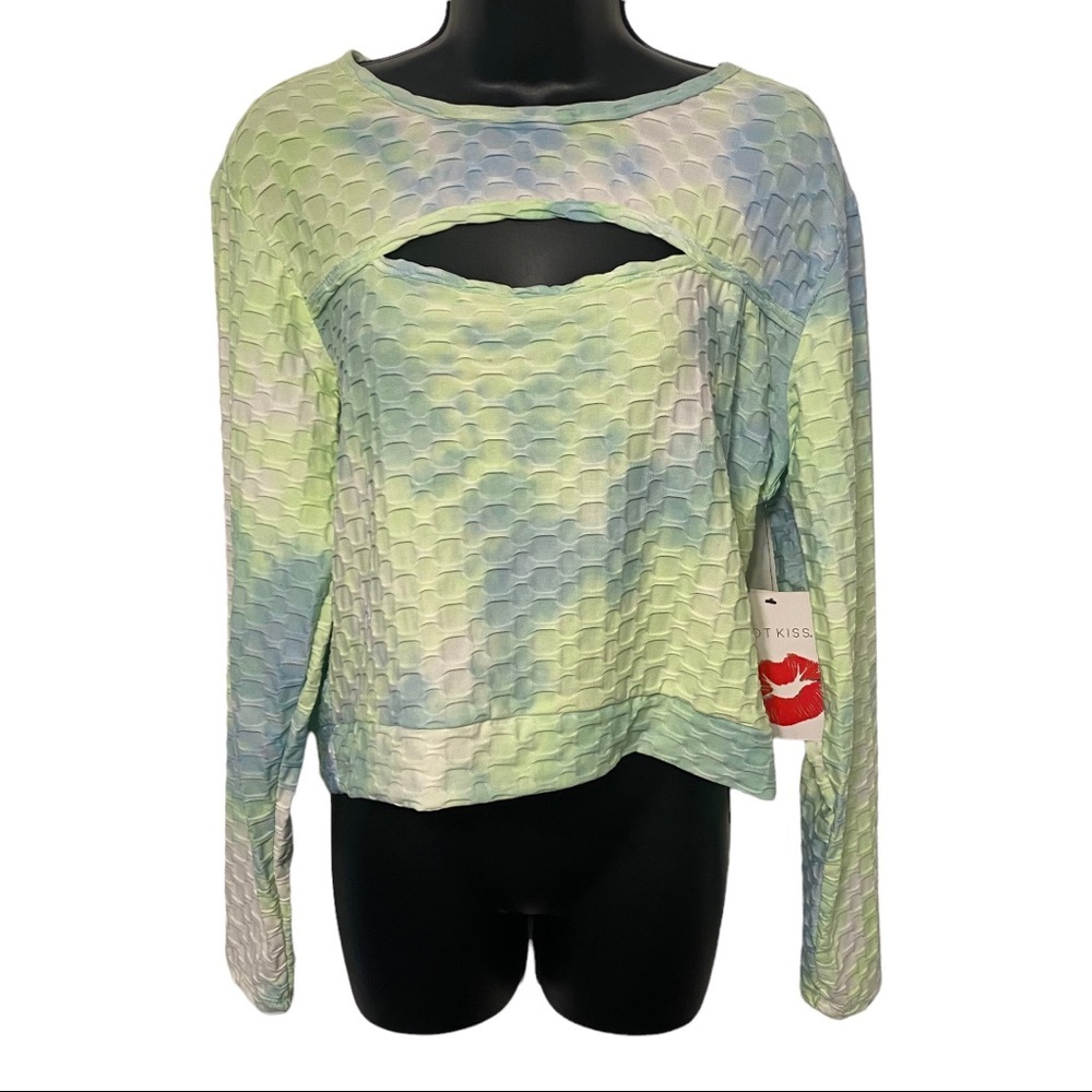 Hot Kiss blue green white tie dye long sleeve cropped plus size 1x NEW NWT